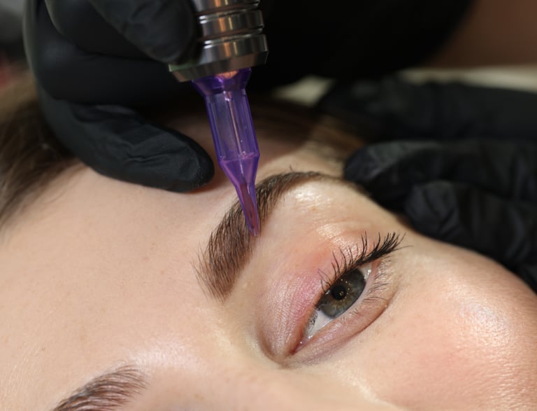 close up of eyebrow microblading on woman