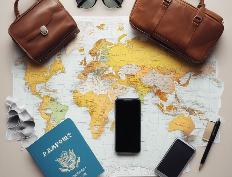 Various travel-related items are laid out on a map. The objects include a small model of the Eiffel Tower, a vintage camera, a modern instant camera, a notebook with a sketch of an architectural landmark, and a pencil. The map shows detailed streets and locations, likely from a city in Europe.