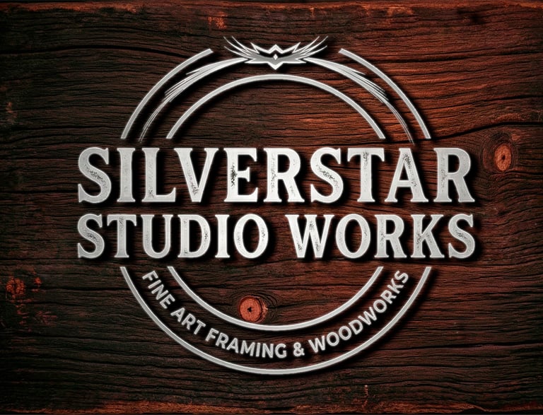 Silverstar Studio Works logo for fine art framing and woodworks on a dark rustic wood grain background.