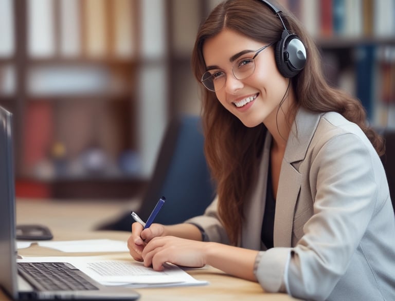 A friendly customer service representative wearing a headset, smiling warmly.