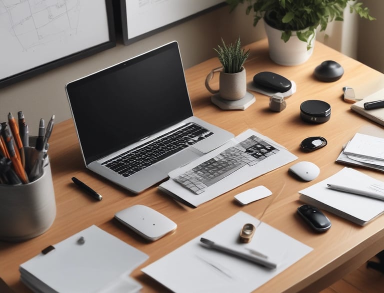 A clean, modern workspace with a laptop and smartphone showing a chat conversation on WhatsApp