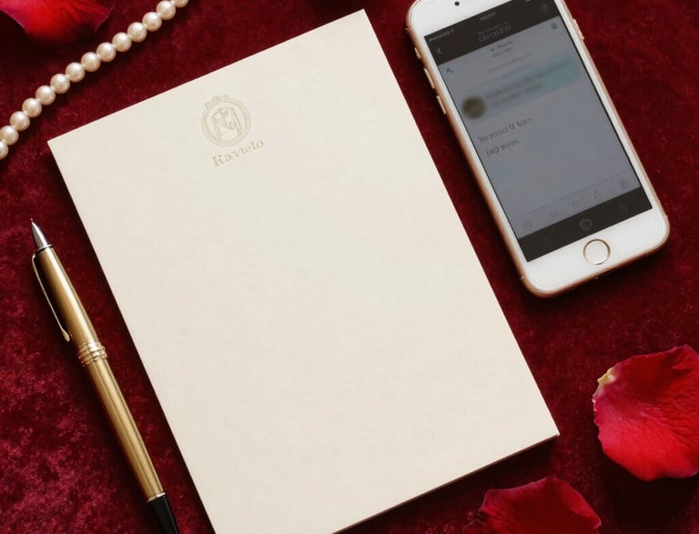 Elegant red and gold invitation card with a pen on a velvet surface.