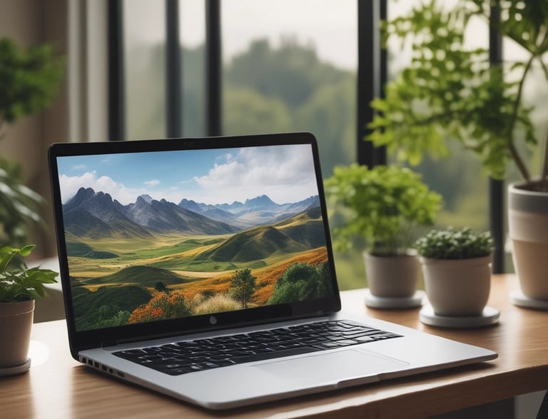 A calm, inviting virtual therapy session setup with soft lighting and a laptop open to a video call.