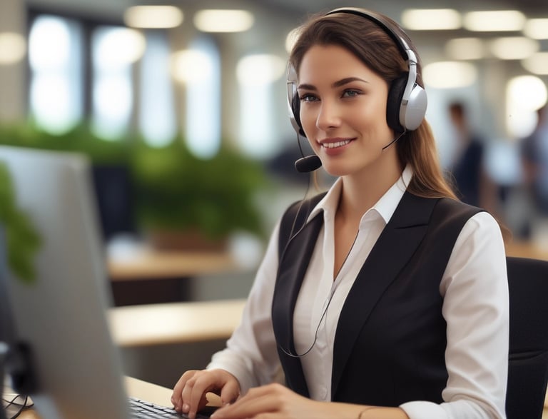 A friendly customer support representative wearing a headset, smiling while assisting a caller.