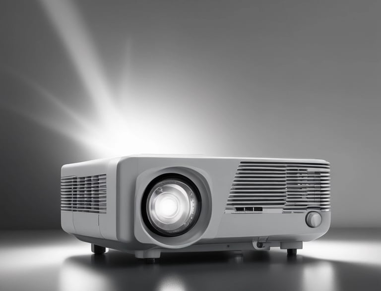 A technician repairing a projector with tools on a workbench.