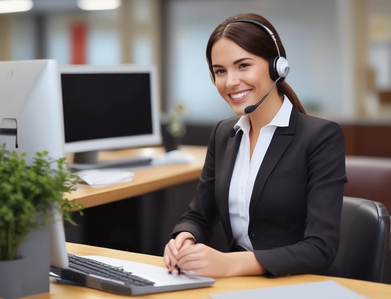 A sleek, modern office desk with a laptop, phone, and a notepad, reflecting professionalism.