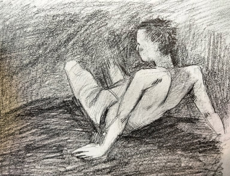 a graphite drawing of a man sitting on a rock near water