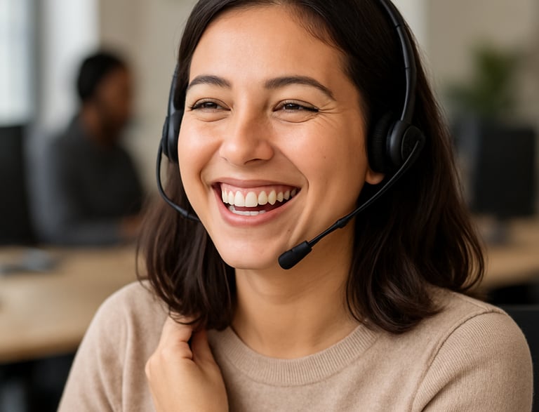 A friendly professional team member answering a call in a modern office