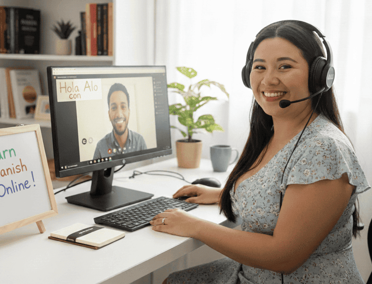Online Spanish Tutor giving an 1 on 1 session in her office while the student is on the computer