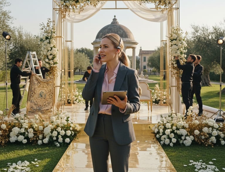 Professional wedding planner organizing an outdoor luxury ceremony with floral arrangements and staff.