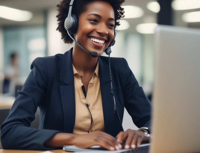 A friendly customer service representative wearing a headset, smiling and ready to assist.