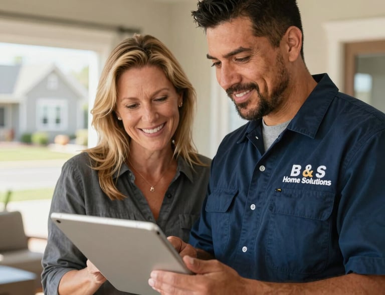 A friendly technician from B & S Home Solutions smiling while holding a clipboard in front of a cozy Littleton home.