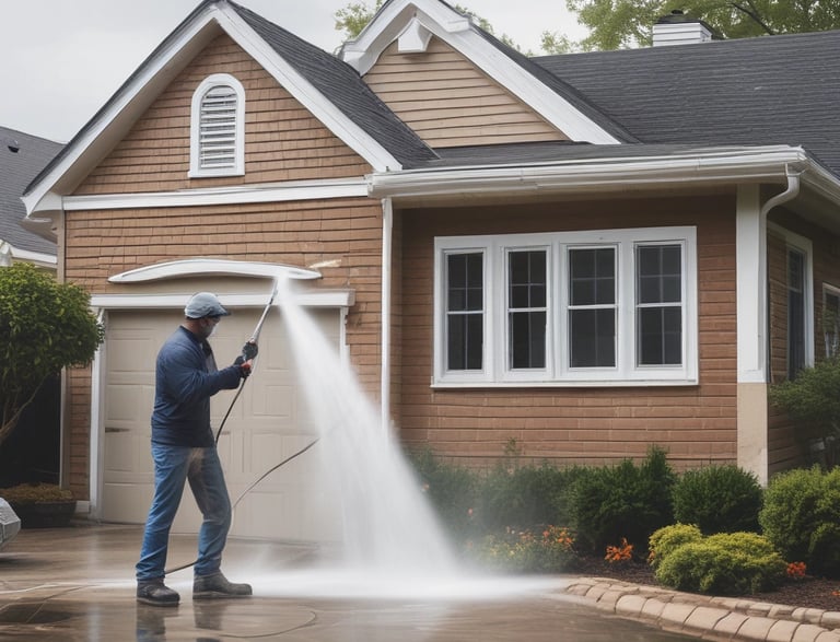 A friendly technician from ProClean Power Washing smiling while holding cleaning equipment in front of a freshly washed house.