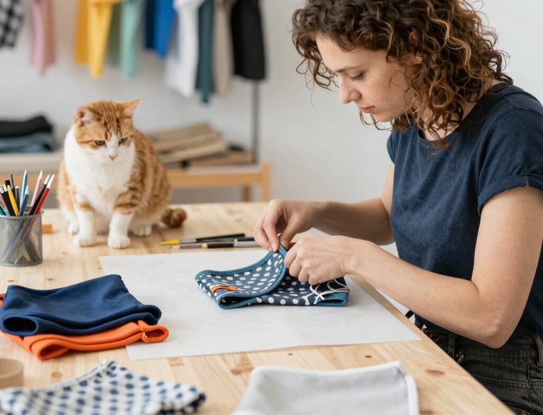 A cozy workspace with sewing materials and pet clothes displayed, hinting at handmade pet fashion.