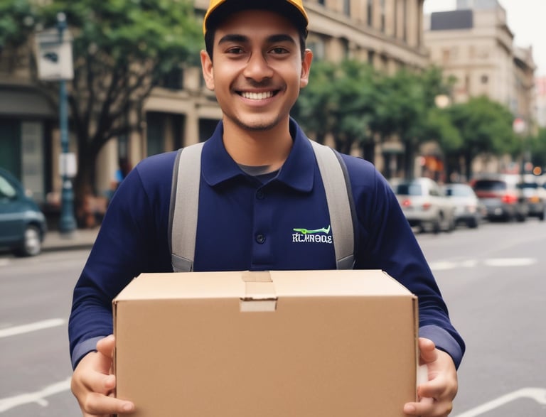 A friendly customer service representative answering a phone call with a shipping box in the background.