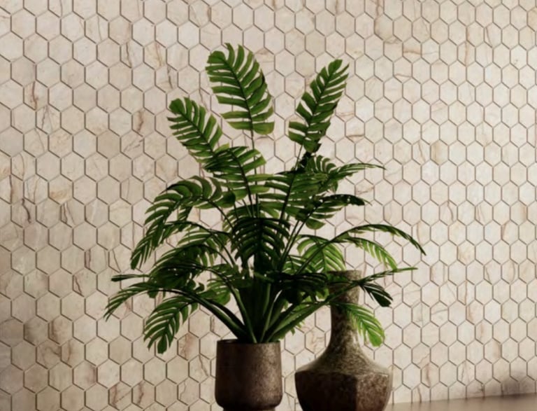 Hexagonal mosaic tiles with a plant on a wooden shelf