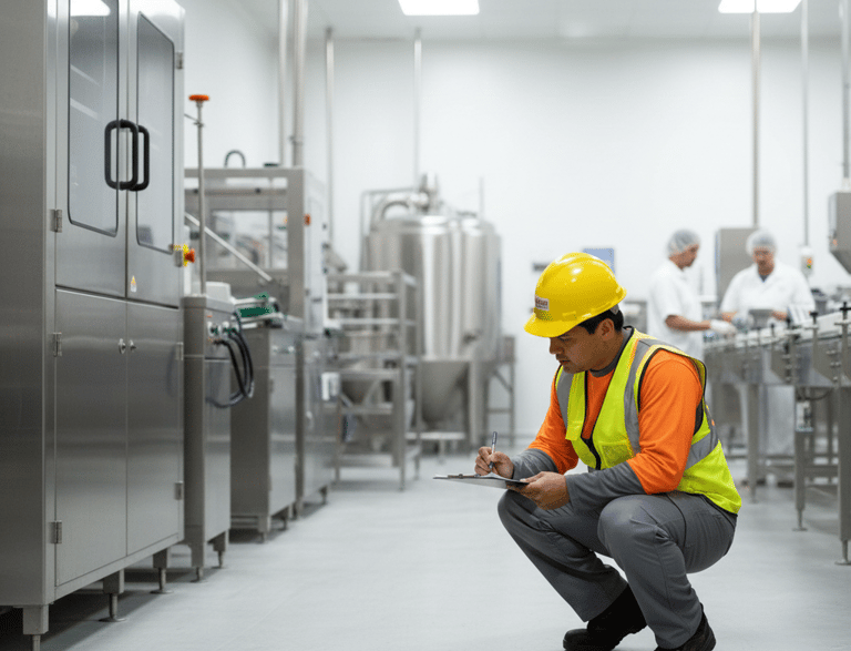 A quality control inspector in a safety vest and hard hat performs an audit in a food processing plant.