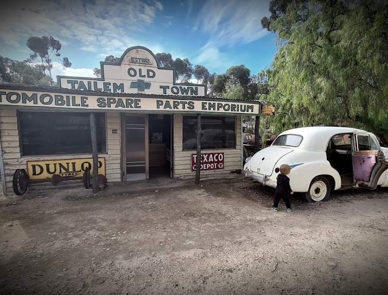 Vintage garage and spare parts shop and  old car at Old Tailem Town pioneer village.