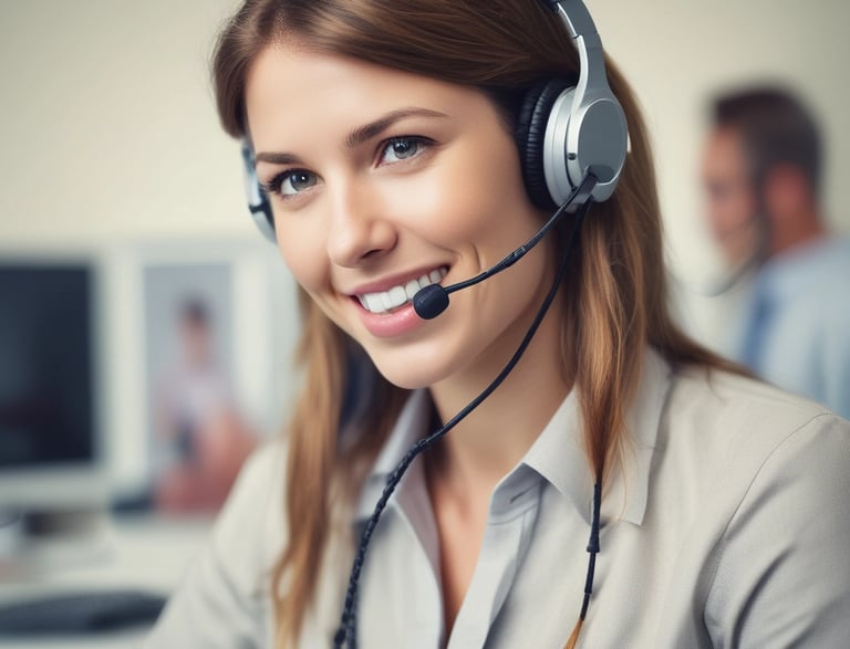 A friendly customer service representative wearing a headset, smiling and ready to assist.