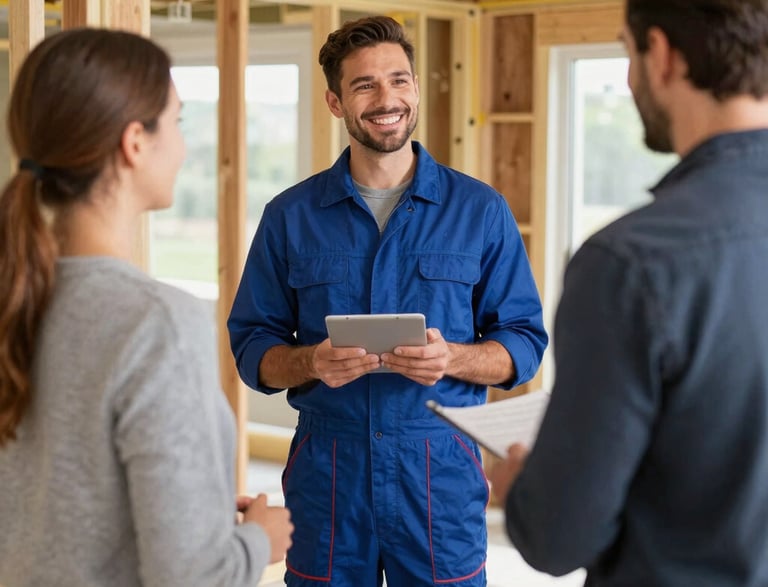 A friendly contractor shaking hands with a homeowner in front of a renovated house.