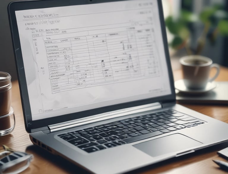 A clean, modern workspace with a laptop displaying financial charts and a cup of coffee nearby