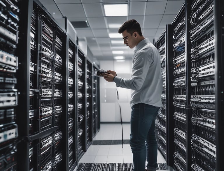 A friendly IT specialist assisting a client with network setup in a modern office.