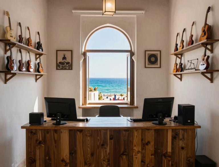 A moody black and white photo of a vintage microphone casting a long shadow on a dark stage.