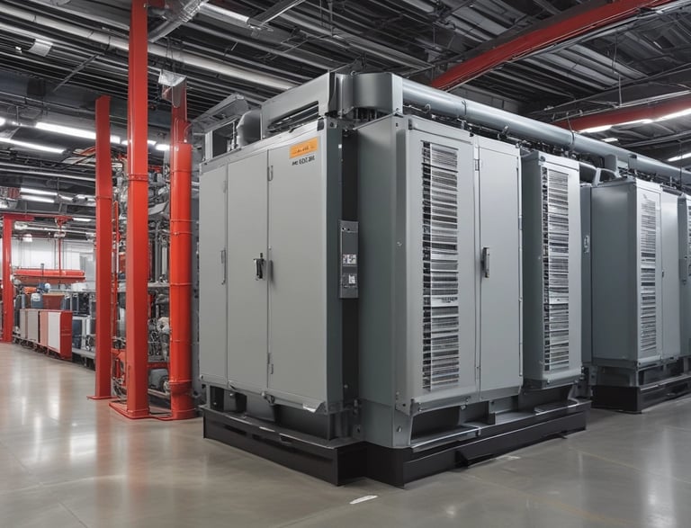 A spacious industrial room with large, cylindrical green tanks connected by yellow pipes. The tanks are elevated on sturdy legs and are situated on a dusty floor. Natural light enters through multiple windows at the far end, illuminating the interior. Several metal pipes and wires lie scattered haphazardly on the ground.