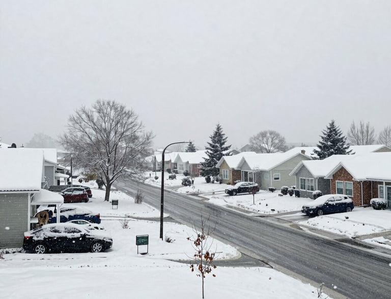 A friendly person holding a clipboard standing next to a snow-covered driveway.