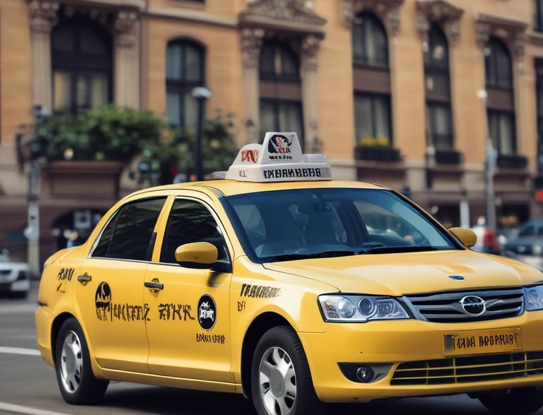 Friendly taxi driver handing keys to a new colleague beside a hybrid car.