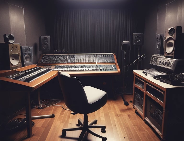 A modern music studio with vibrant red and blue lighting, featuring a large mixing console with a digital display showing the logo 'MMP'. Studio monitors and electronic equipment are visible around the console.