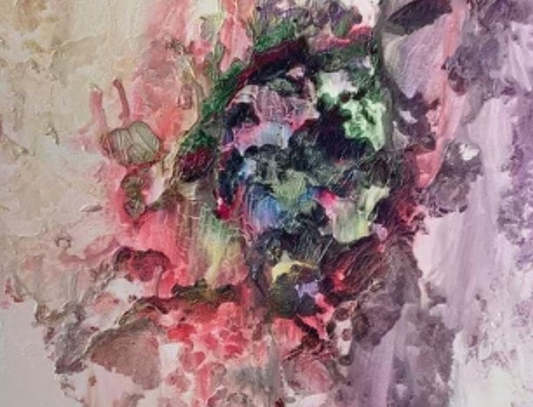 Uno de los dos cuadros del conjunto "Patio Andaluz", colores y texturas florales
