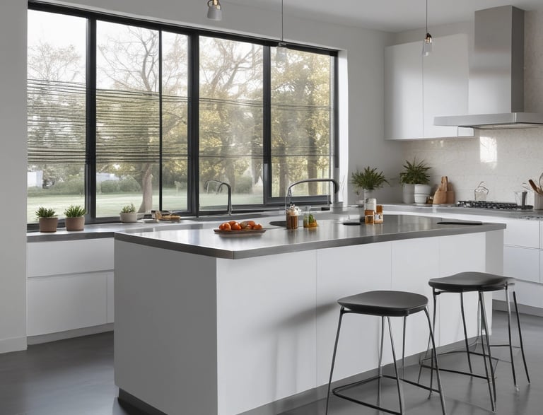 a kitchen with a large aluminium window and a counter top