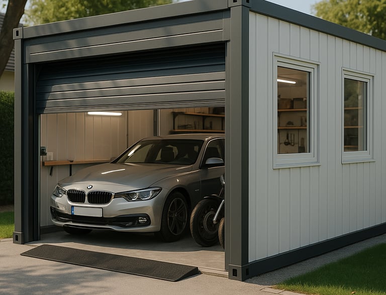a car parked in a garage with a car in the garage