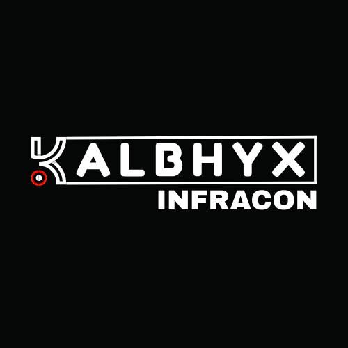 a black and white logo with the words Kalbhyx Infracon
