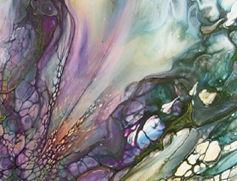 A colorful acrylic bloom featuring lavenders, blues, greens, black, and gold cells