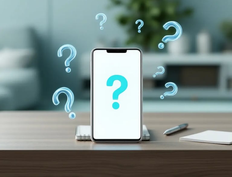 Image d'un smartphone sur un bureau affichant un écran d'appel entrant, entouré de points d'interrogation, symbolisant l'acce