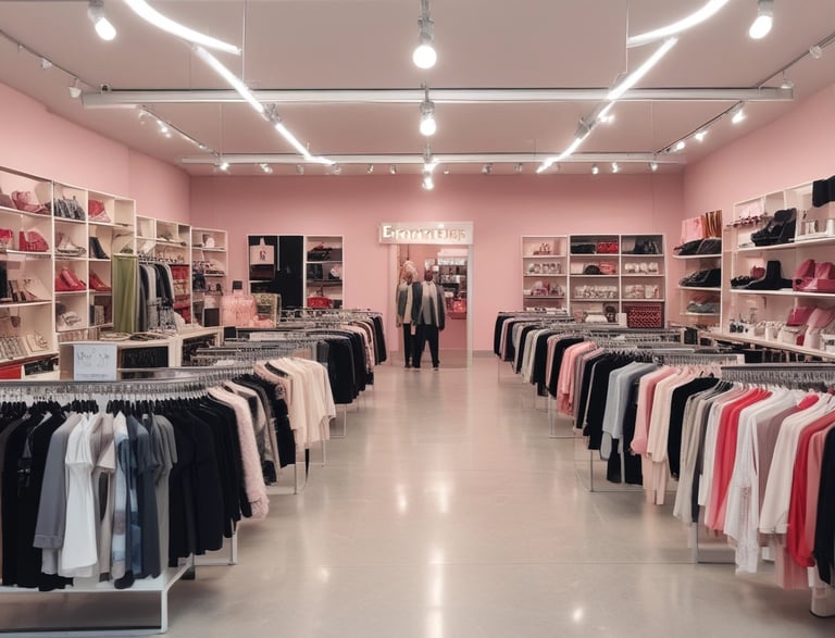 A fashion retail store display with large glass windows showcasing elegant mannequins dressed in upscale clothing. The store interior is brightly lit with a modern, luxurious ambiance. Two people walk past the store, one wearing a long dress and the other a headscarf.