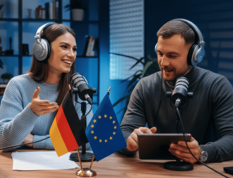 a man and woman sitting at a table with a tablet