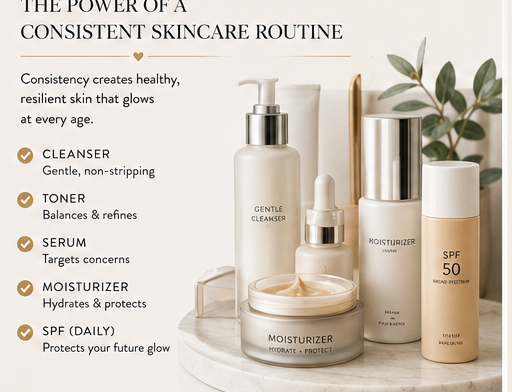 Skincare routine products including cleanser, toner, serum, moisturizer, and SPF 50 for healthy skin.