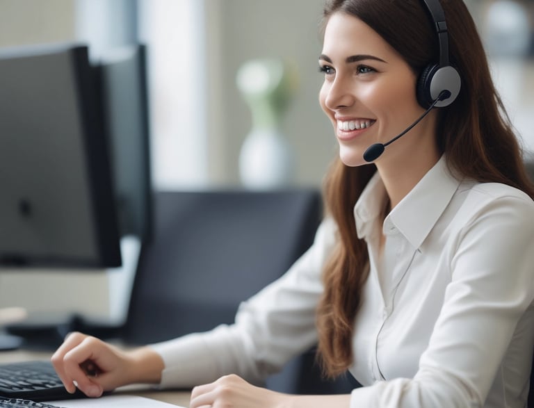 A friendly customer service representative at a desk.
