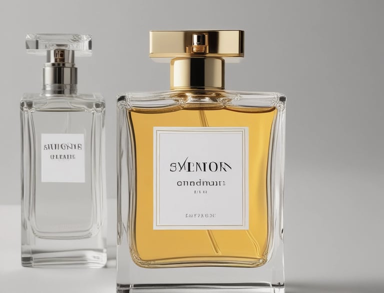 A glass perfume bottle with a transparent square cap and a dark ribbon near the neck. It is filled with a light pinkish liquid. The bottle is placed on a wooden surface with a warm, soft light creating a serene ambiance.