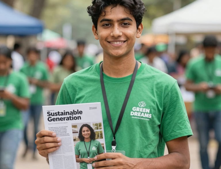 A friendly volunteer holding a Green Dreams magazine, smiling warmly.