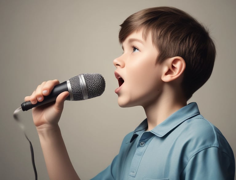 A person is singing into a microphone, illuminated by a bright light source behind them. The setting appears to be intimate, conveying a sense of performance or rehearsal. The image is in black and white, focusing on the subject who seems to be enjoying the moment.