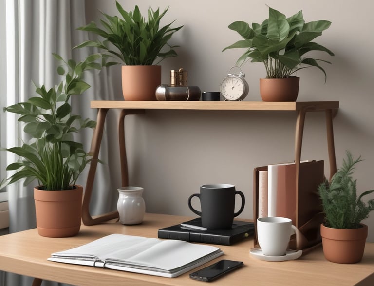 A cozy home office setup with a laptop and a cup of tea, inviting for an online therapy session