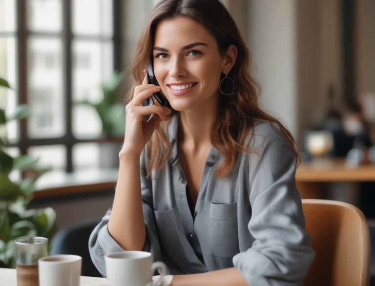 A friendly customer service representative smiling while answering a phone call in a cozy office.