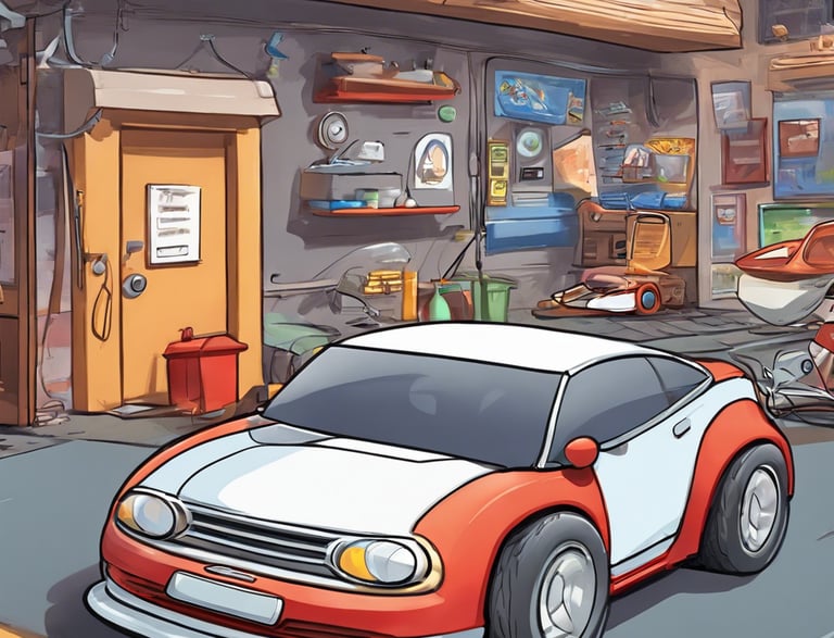 Cartoon sports car parked in an auto repaiir garage