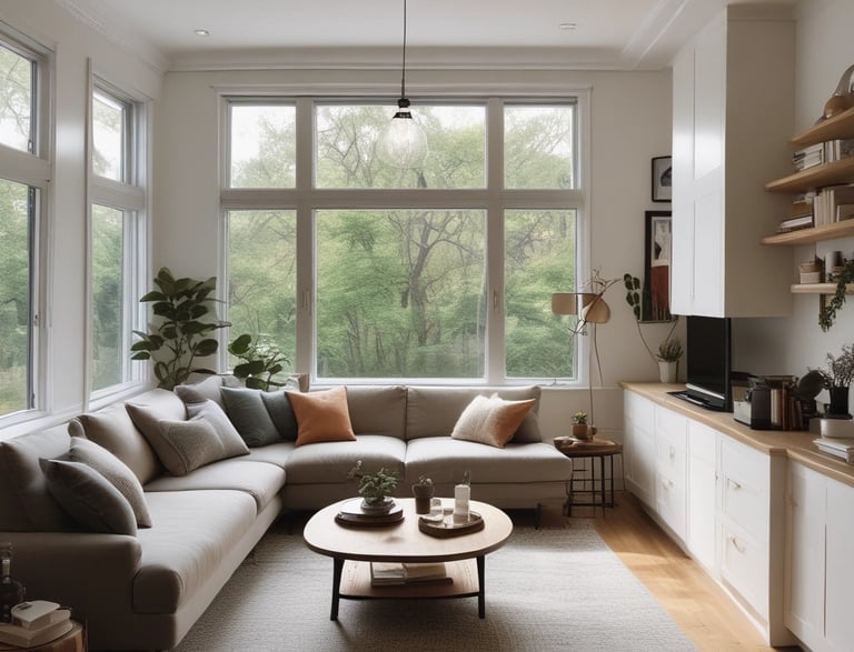 A modern building with an innovative design incorporating greenery and trees on its balconies is juxtaposed with a traditional brick apartment building. The vertical garden creates a striking contrast with the red-bricked structure.