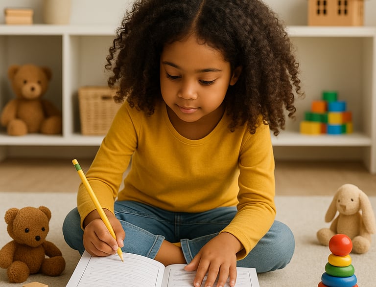 a young girl is sitting on the floor writing in an activity book