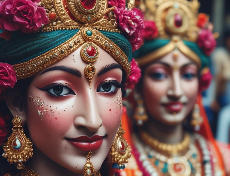 A traditional Hindu temple with intricate carvings and vibrant colors is surrounded by tall palm trees. The temple towers feature detailed sculptures and colorful decorations under a clear sky.